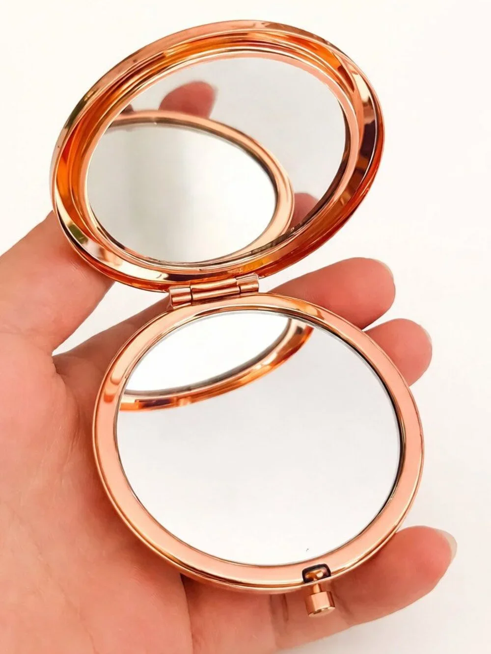 Rose Gold Crystal Compact Travel Mirror Push Button Dual Mirrors New